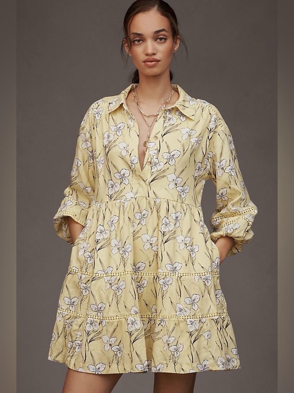 NWT Anthropologie Maeve Bettina Tiered Mini Shirt Dress Small Yellow w/ pockets